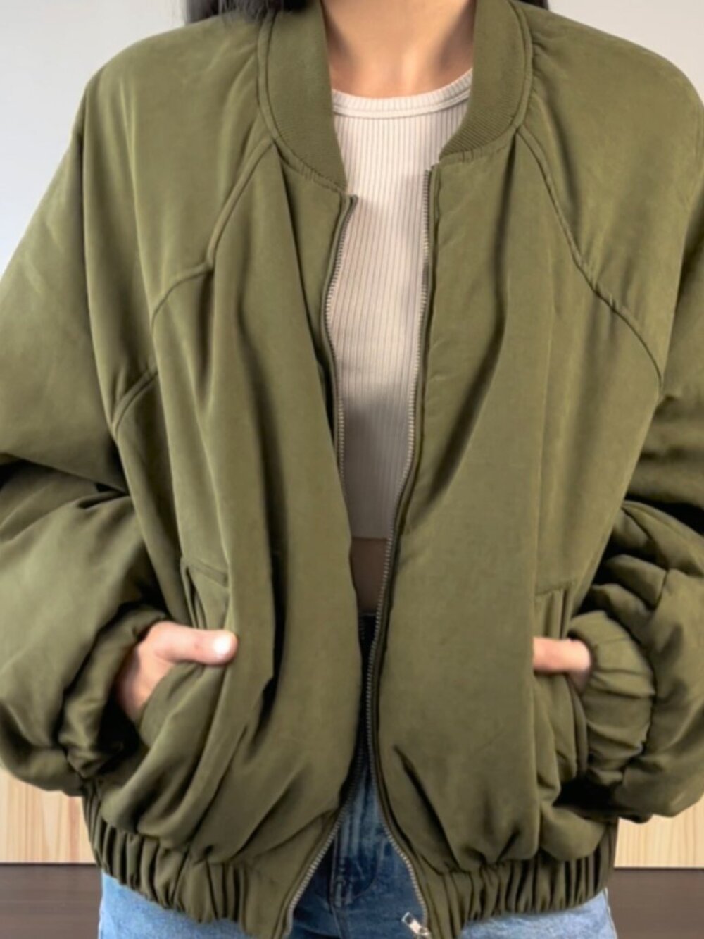 Hyfve Olive Green Oversized Bomber Jacket Zip Up